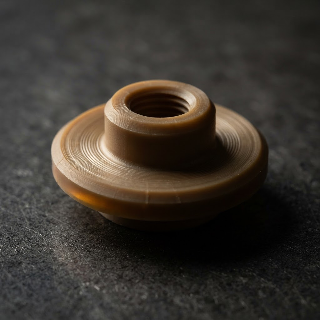 Macro view of a precision-turned PEEK component showing concentric tool marks and material translucency