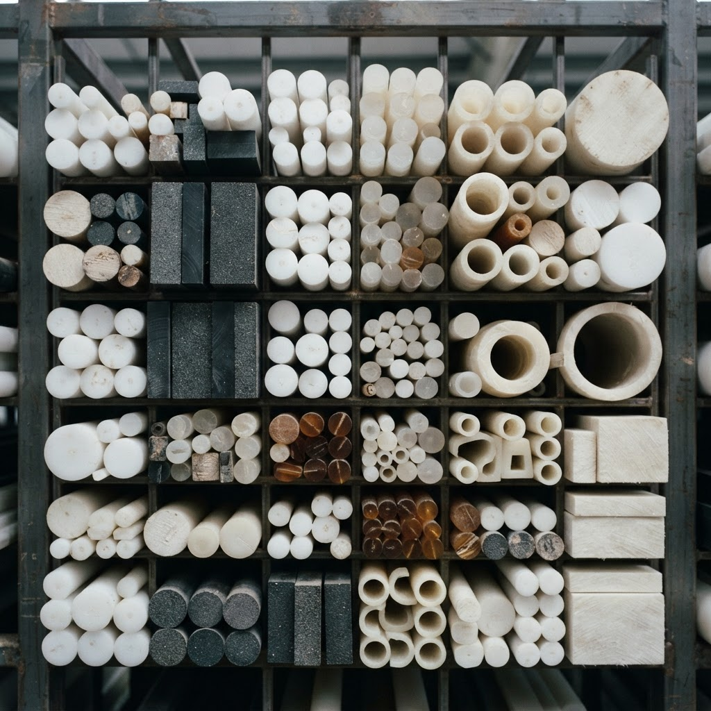 Sawn end faces of engineering plastic rod, tube, plate and sheet stock stacked in a warehouse rack